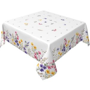 Floral Square Tablecloth 60x60 Inch, Spring Summer Wildflower Farmhouse Washable Polyester Table Cover for Indoor Kitchen Party Dinner Decor, White