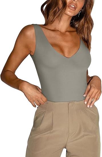 REORIA Butsmooth® Women’s Trendy Sexy Plunge Deep V Neck Sleeveless V Backless Going Out Tank Bodysuits Tops L