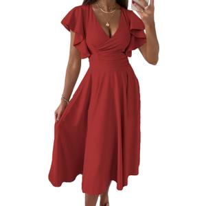 PRETTYGARDEN Summer Midi Dress 2026 Spring Ruffle Sleeve V Neck Cocktail Wedding Guest A Line Fit and Flared Dresses (Red, S)