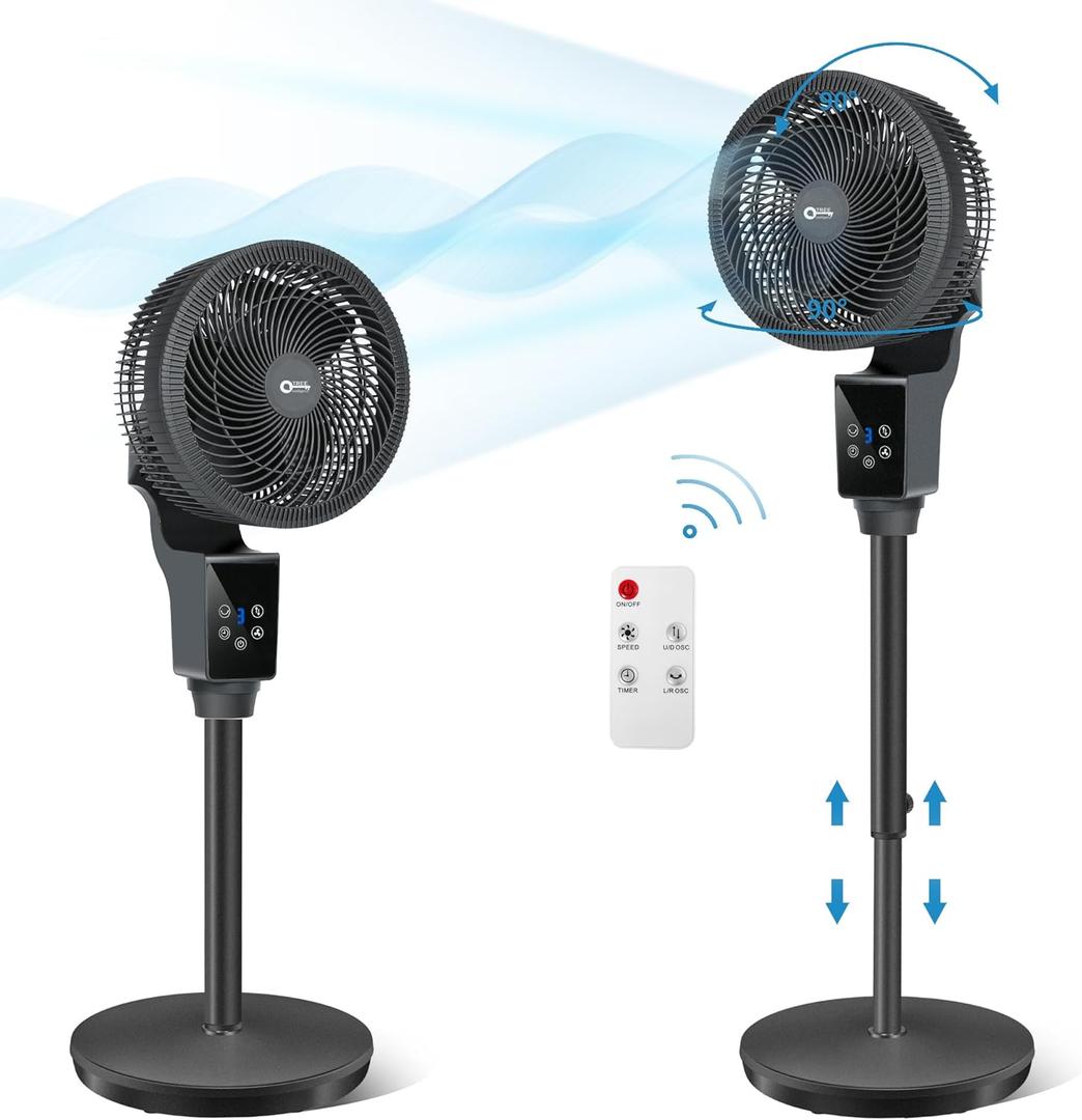 QTREE intelligence Oscillating Pedestal Fan, 43.3inch Adjustable Height Standing Fan, 360° Air Circulator Fan, 3 Modes, Smart Remote Control for Home, Office, Playroom, Living Room(Grey)