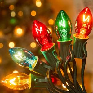Minetom C7 Multicolor Christmas String Light Set - 50ft Vintage Christmas Tree Lights, Outdoor Roofline String Lights with 50 Bulbs for Patio Garden Holiday Indoor Wedding Home Decorating, Green Wire