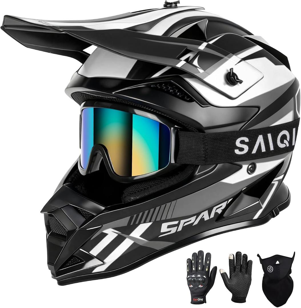 SPARK Adult Motocross Helmet Dirt Bike Helmets Full Face Motorcycle Off-Road Mountain E-Bike BMX MX ATV Helmet (with Gloves Goggles Mask) 4Pcs Set, DOT Certified, White Rocket, Large
