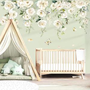 Decalmile Large White Flower Wall Decals Hanging Vine Blossom Floral Wall Stickers Baby Nursery Girls Bedroom Living Room Wall Decor