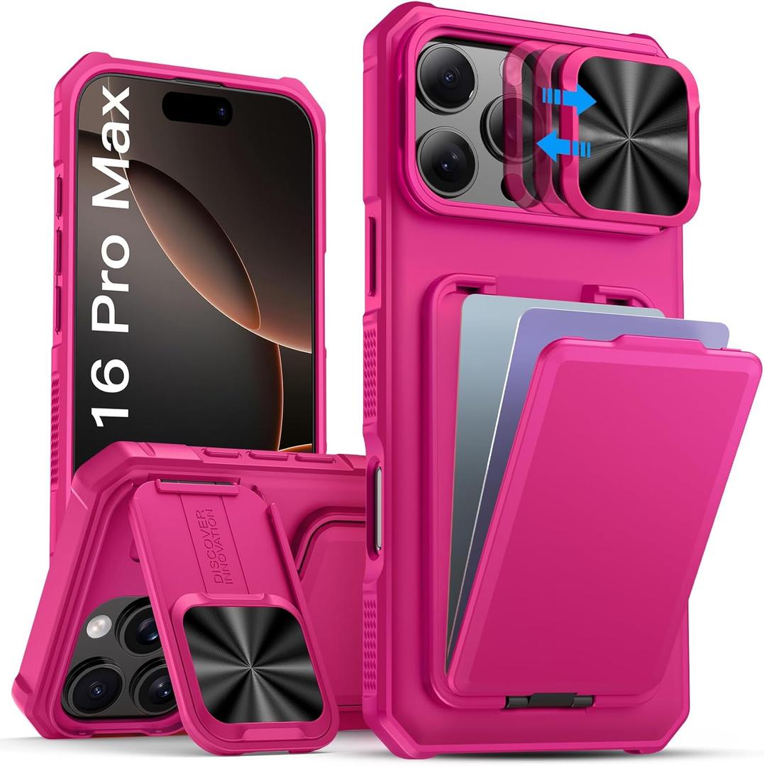 SSLOTSCASE for iPhone 16 Pro Max Case with Card Holder & Camera Stand & Kickstand & Slide Camera Lens Cover, Multifunctional Wallet Rugged Protective Phone Case Cover for iPhone 16 Pro Max 6.9'', Pink
