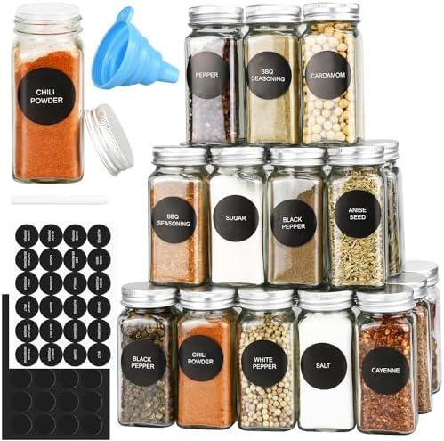 DkOvn 24pcs Glass Spice Jars, 4oz Empty Spice Jars with Metal Caps, Labels, Shaker Lids, Collapsible Funnel, Chalk Pen, Seasoning Organizer for Spice Rack(24pcs 4oz Set)