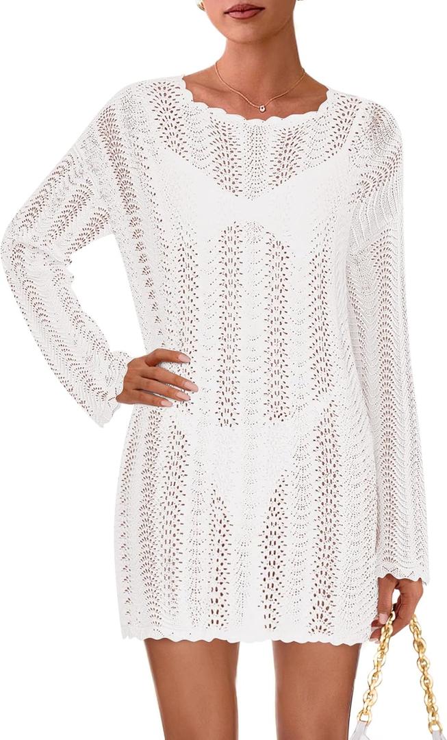 PRETTYGARDEN Women's Swimsuit Cover Up 2025 Summer Bathing Suit Swimwear Crochet Knit Dress Fashion Beach Vacation Clothes (White,Small) (White, S)