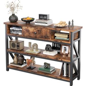 Mexin 39 Inch Console Sofa Table with Drawer, Entryway Table with Storage Shelves, Industrial Wood Hallway Table for Living Room Couch Foyer Kitchen Counter, Rustic Brown