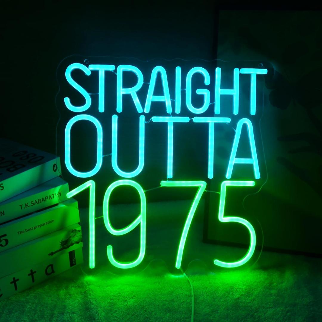 Straight Outta 1975 Neon Light Sign Celebrate 50th Men and Women Birthday Party Happy Fifty Years Old LED Sign Best Age 50 and Fabulous for Bedroom Home Man cave Party Wall Decor