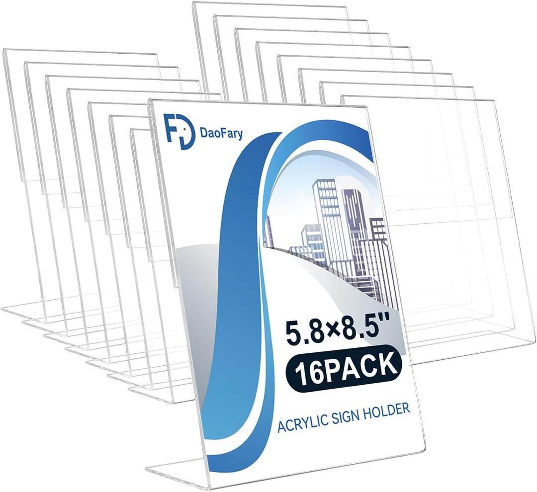 Daofary Acrylic Sign Holder 5.8 x 8.5,L Shape Slanted Back Clear Sign Holder Plastic Paper Holder Slant Back Sign Holders inches Sign Holder Plastic Display Stand for Office,Store,16 Pack