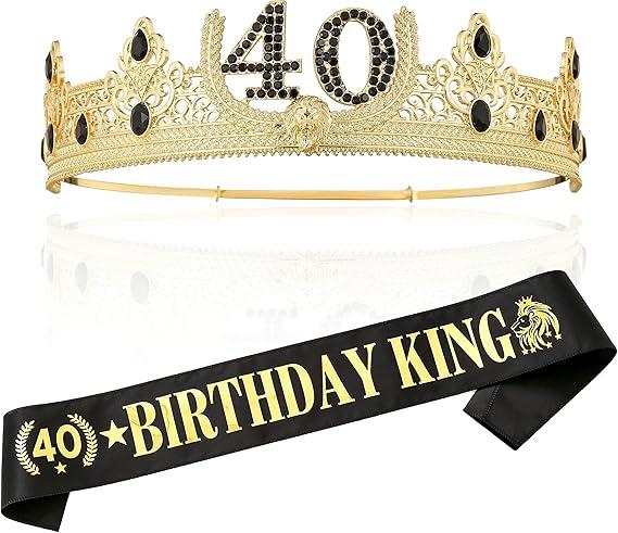 40th Birthday Crown and Sash, Party Decoration for Men (Gold)