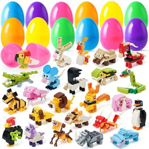JOYIN 24 Packs Prefilled Easter Eggs with Toys, Cute Animals Building Blocks 3.23" for Basket Stuffers, Kids Party Favors, Egg Hunt, Classroom Events