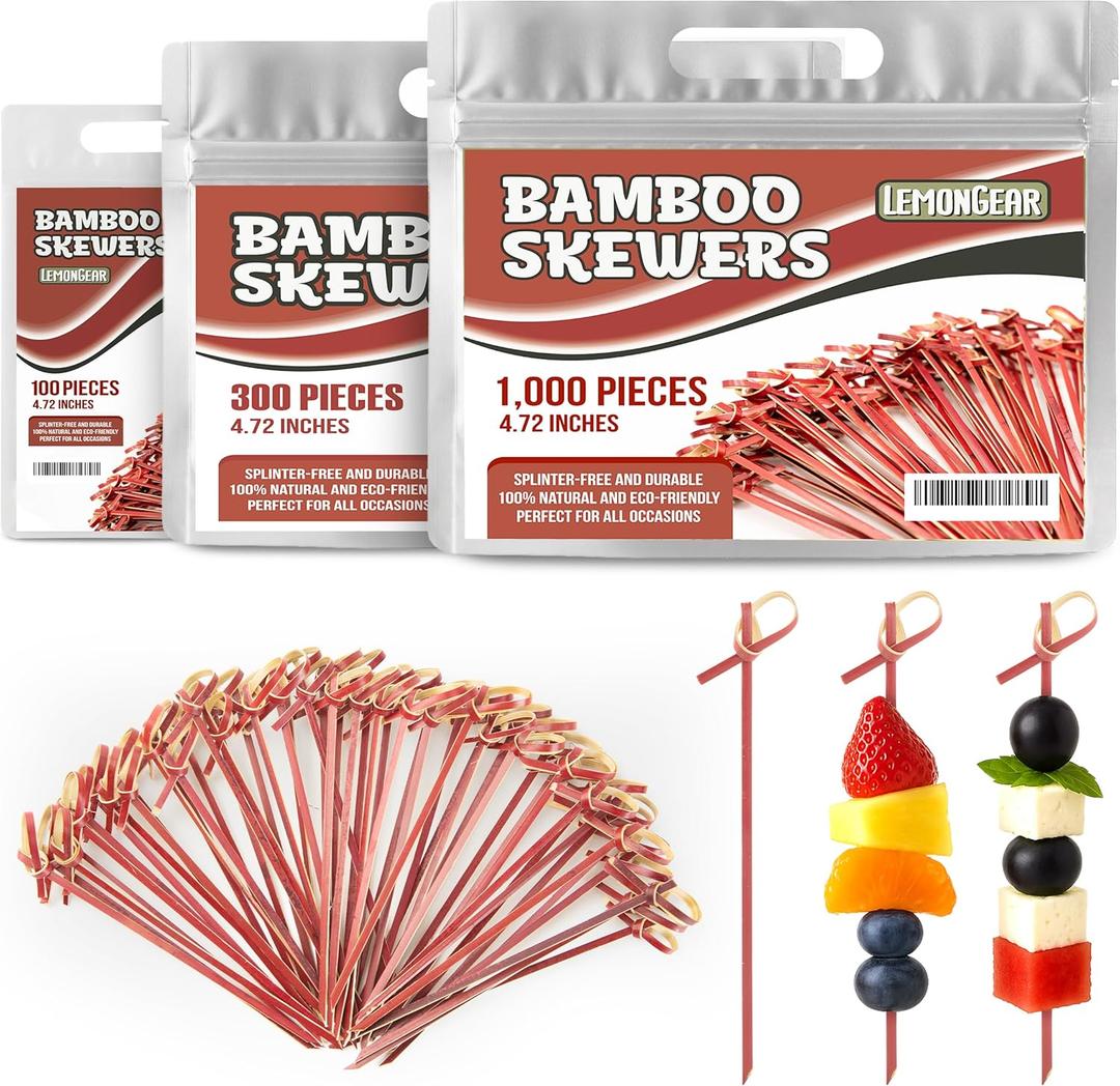 100 Pcs Red Bamboo Skewers 4.7" Decorative Cocktail Picks, Appetizers Toothpicks, Fancy Drinks Stirrers, Wooden Sticks, Charcuterie Garnish, Fruit Kabob, Martini & BBQ Party Food