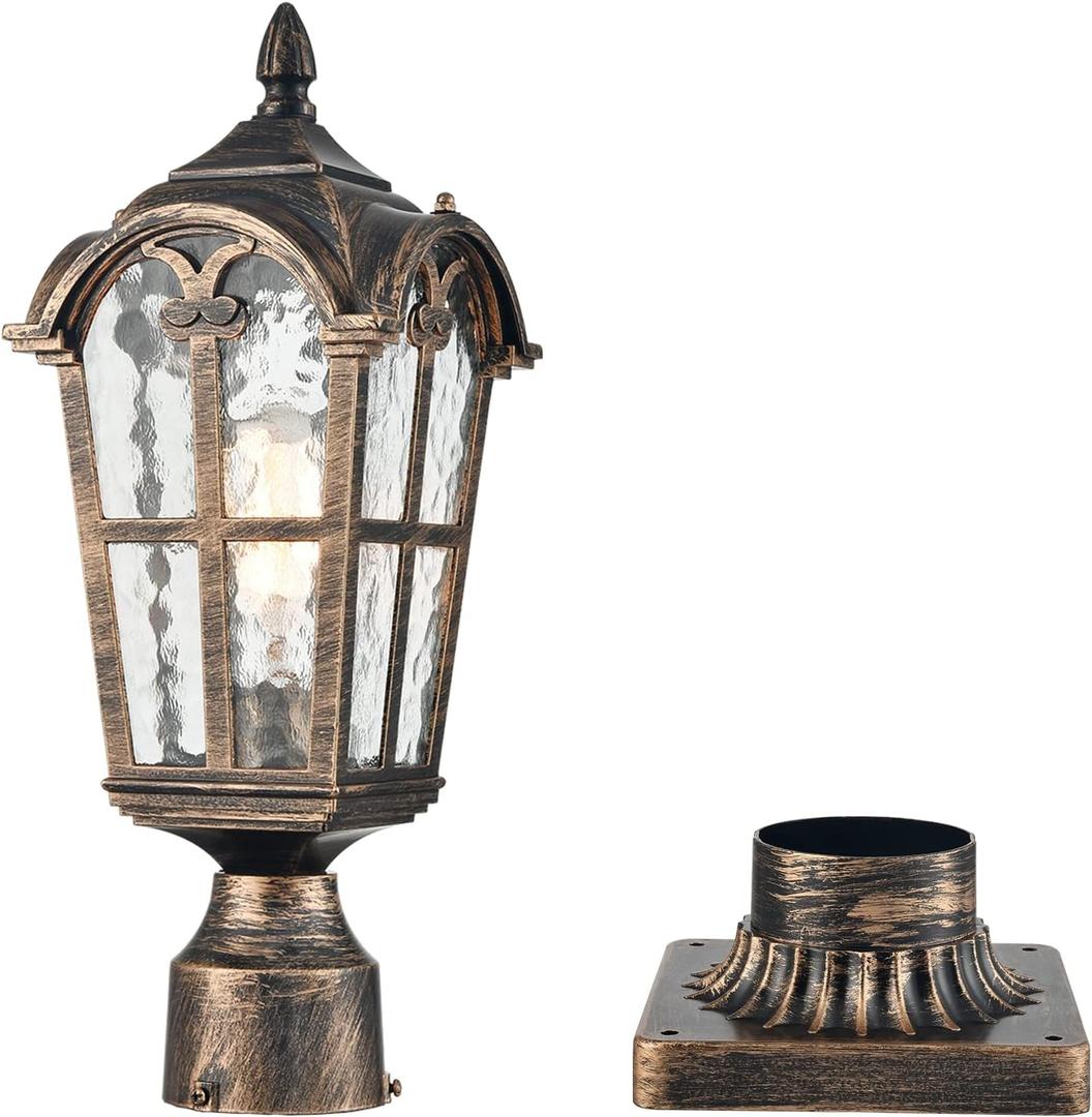 YUBOLE Outdoor Post Light, Exterior Pole Lanten, Waterproof Cast Aluminium Post Light Fixture with Water-Tempered Glass Shade, E26 Based Post Lamp for Garden, Driveway, Backyard- Antique Brass