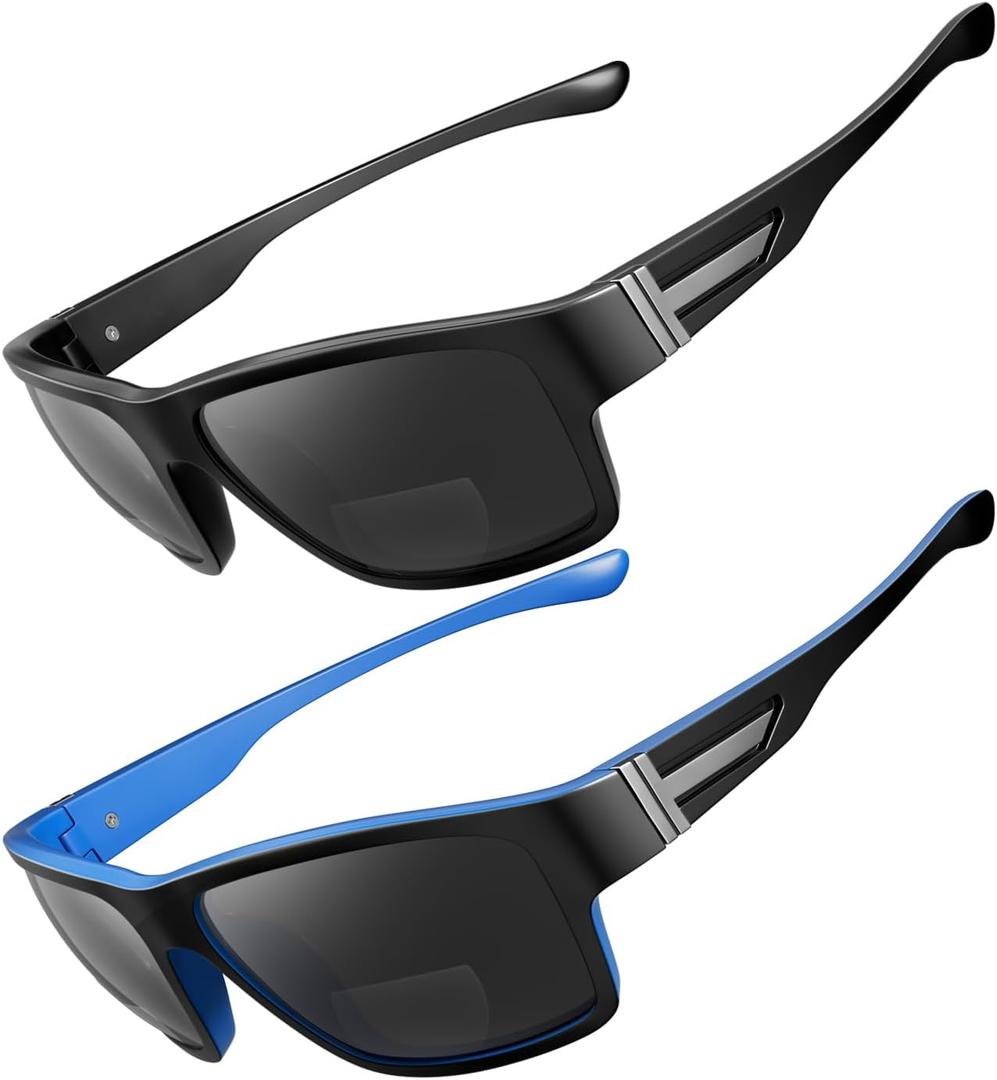 2 PACK Upgraded Unbreakable Bifocal Reading Sunglasses Men TR90 Frame Wrap Around Design Glasses UV400 Protection Outdoor Sun Reader Sports/Driving (Black & Blue +2.5)
