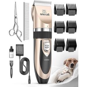 Oneisall Dog Clipper Low Noise, Dog Grooming Kit with Rechargeable, Pet Shaver Cordless Electric Quiet Hair Clipper Set for Dogs Cats Pets,Gold
