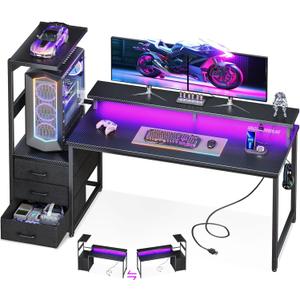 AODK 59 Inch Gaming Desk with USB Charging Ports & LED Light- Reversible Computer Desk with Storage Shelves & Monitor Stand, Modern Gamer Desk Table with Fabric Drawers & Side Hook, Carbon Fiber Black