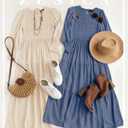 ZESICA Women's Casual Long Sleeve Crew Neck High Waist Smocked Flowy Tiered Midi Dress (Blue, M)