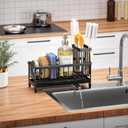 Cisily Sponge Holder for Kitchen Sink, Sink Caddy Organizer with High Brush Holder, Kitchen Countertop Organizers and Storage Essentials, Rustproof 304 Stainless Steel (Black, 9.25)