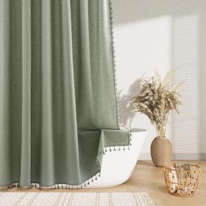 Nanspring Sage Green Boho Linen Shower Curtain 72 Inch Length Vintage Farmhouse Weighted Tassel Design Green Shower Curtain for Bathroom with Hooks Bohemian Modern Neutral Cottage Style Decor 72x72