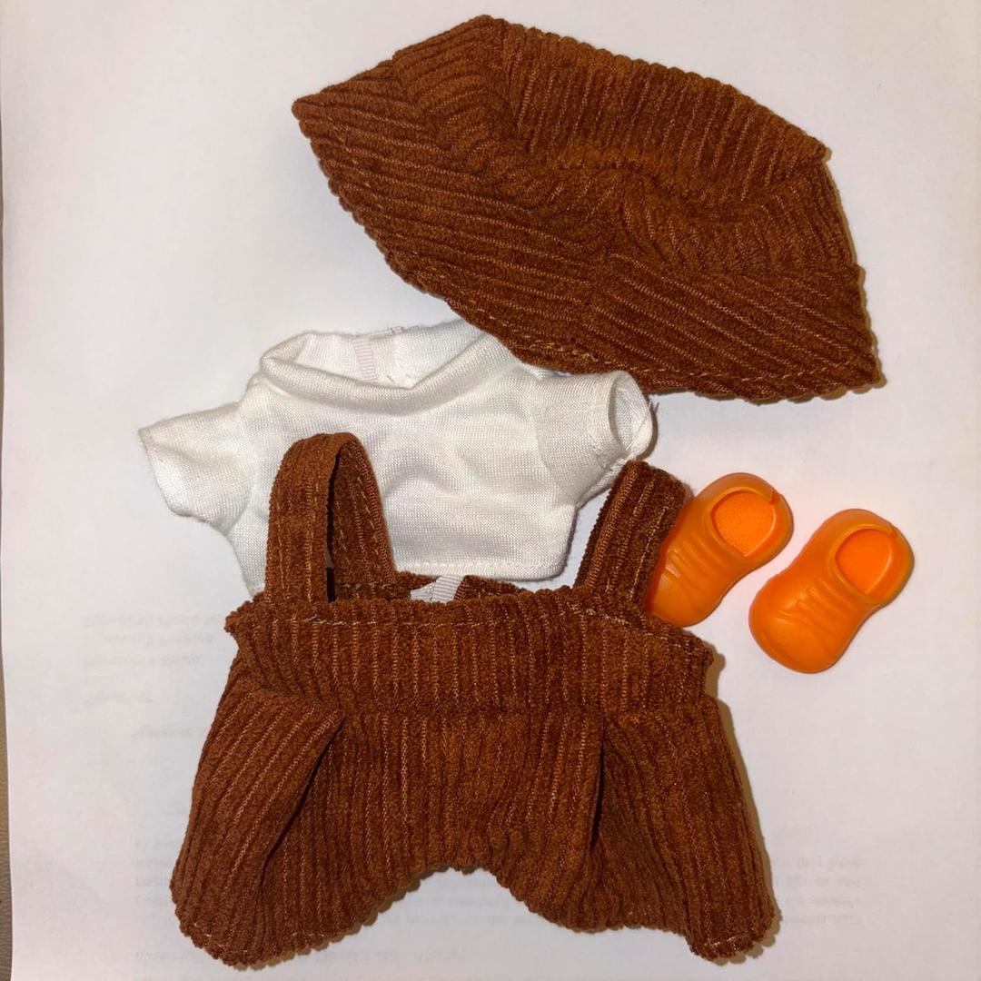 Brown Corduroy Doll Clothes Set, 4 Piece Outfit with T-Shirt, Overalls, Hat, Shoes for 6.7 Inch Dolls, Accessories