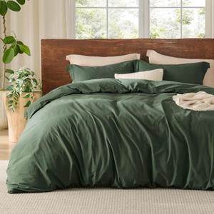 Bedsure 100% Washed Cotton Duvet Cover Queen - Olive Green Minimalist Cotton Duvet Cover Linen Like - 3 Pieces GentleSoft Plain Simple Bedding Set with 2 Pillow Shams (Olive Green, Queen, 90"x90") (Queen (90" x 90"), 14 - Olive Green (No Comforter))