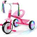 Liberry Toddler Tricycle Age 2 3 4 Years Old, Kids Trike with Light Up Wheels, Removable Pedal and Basket, 3 Wheel Bike Outdoor Indoor Riding Toy Gift for Girls Boys, Pink