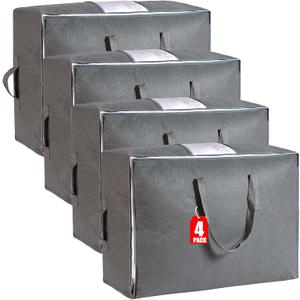 105L Extra Large Storage Bags for Blankets, King Comforters, Bedding, Clothes, Pillows, Sheets - Closet Organizers and Storage with 4 Handles & Clear Window, Foldable & Breathable (Grey, 4pack)