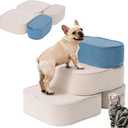 Dog Stairs for Small Dogs 17.7" H,2 in 1 Dog Steps for High Bed Couch 3-Step Pet Stairs for Dogs to Get On Bed,High Density Foam Non-Slip Pet Ramp for Puppy Older Cat (Coffee+Blue)