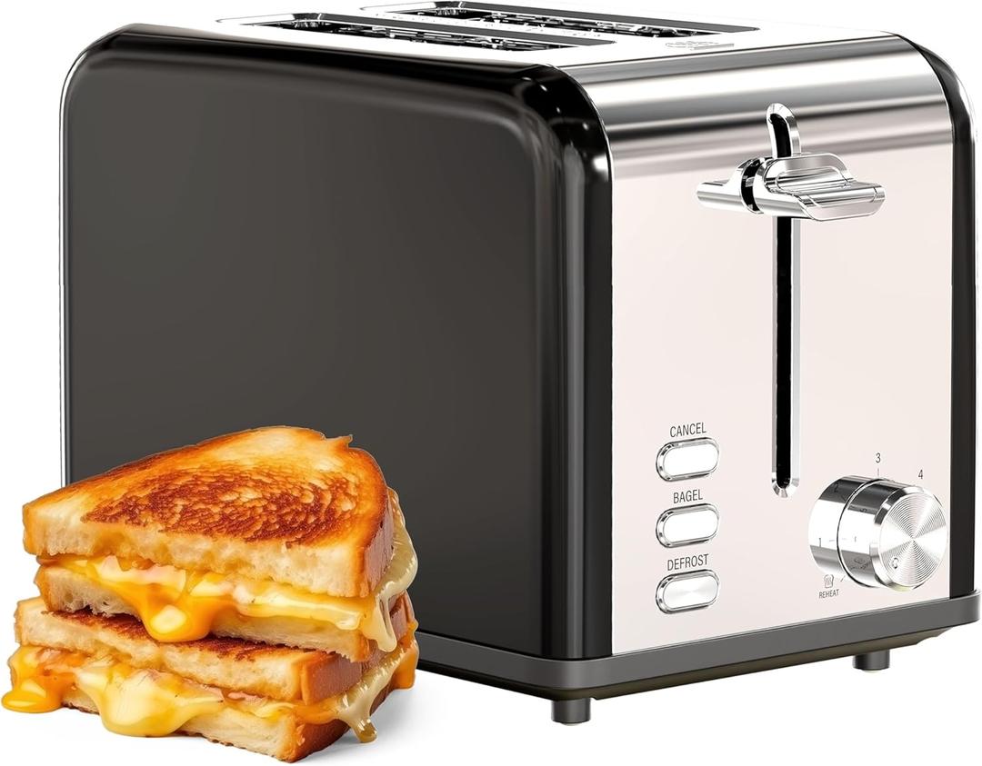 YSSOA 2-Slice Stainless Steel Toaster, 6 Browning Setting and 3 Function, Extra Wide Slot & Removable Crumb Tray, for Bread & Waffle, Black