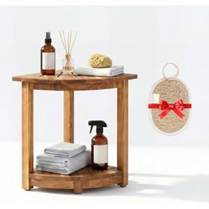 VICTORY RELAX Acacia Wood Corner Shower Shelf for Inside Shower Waterproof Shower Bench & Foot Rest for Shaving Legs, Small Bathroom Spa Seat, Natural Color (17.9")