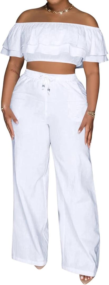 Adogirl 2 Piece Outfits For Women Off Shoulder Ruffle Trim Short Sleeve Top Wide Leg Pants Sets Sexy Outfits, Large, White