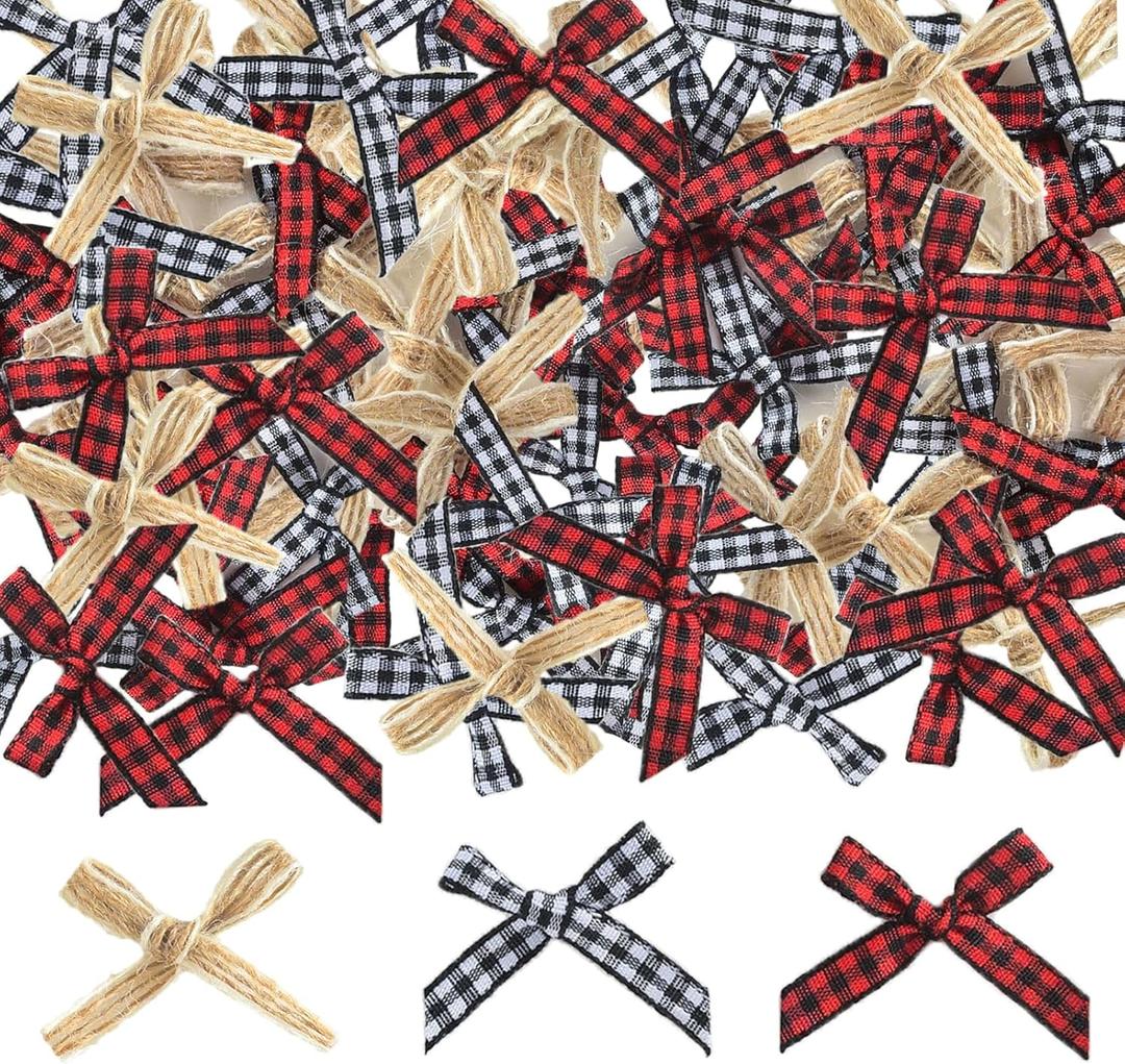 120pcs Mini Bow, Buffalo Plaid Bows for Craft Red and Black Checkered Gingham Ribbon Farmhouse Home Decoration for Christmas Tree Gift Decorations Thanksgiving Home Decoration Gift DIY Making