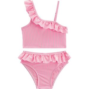 LIZENS Girls Two Piece Swimwear Ruffle Trim 2-12Years Flounce Striped Beach Bathing Suit (4-5T, Pink)