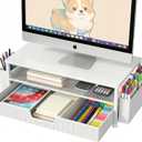 ECOLOVI Desk Organizer and Accessories, 2-Tier Computer Monitor Stand Rise with Storage Drawer & 2 Pen Holders, Laptop & Printer Stand for Desktop, Workspace Organizers for Office Supplies (White)