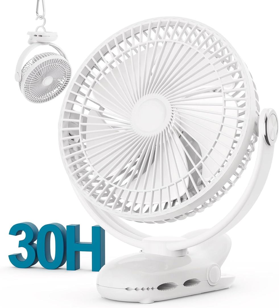 10000mAh 30hrs Rechargeable Clip on Fan, 8 Inch Battery Operated Fan Portable, 4 Speeds, Sturdy Clamp, Quiet USB Fans for Golf Cart Desk Treadmill Camping Truck Outdoor Travel Office, White