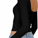 Falechay Long Sleeve Shirts for Women Sexy Backless Striped Tops Going Out T-Shirt Y2K Crop Womens Blouse Boat Neck Outfit (Black, S)