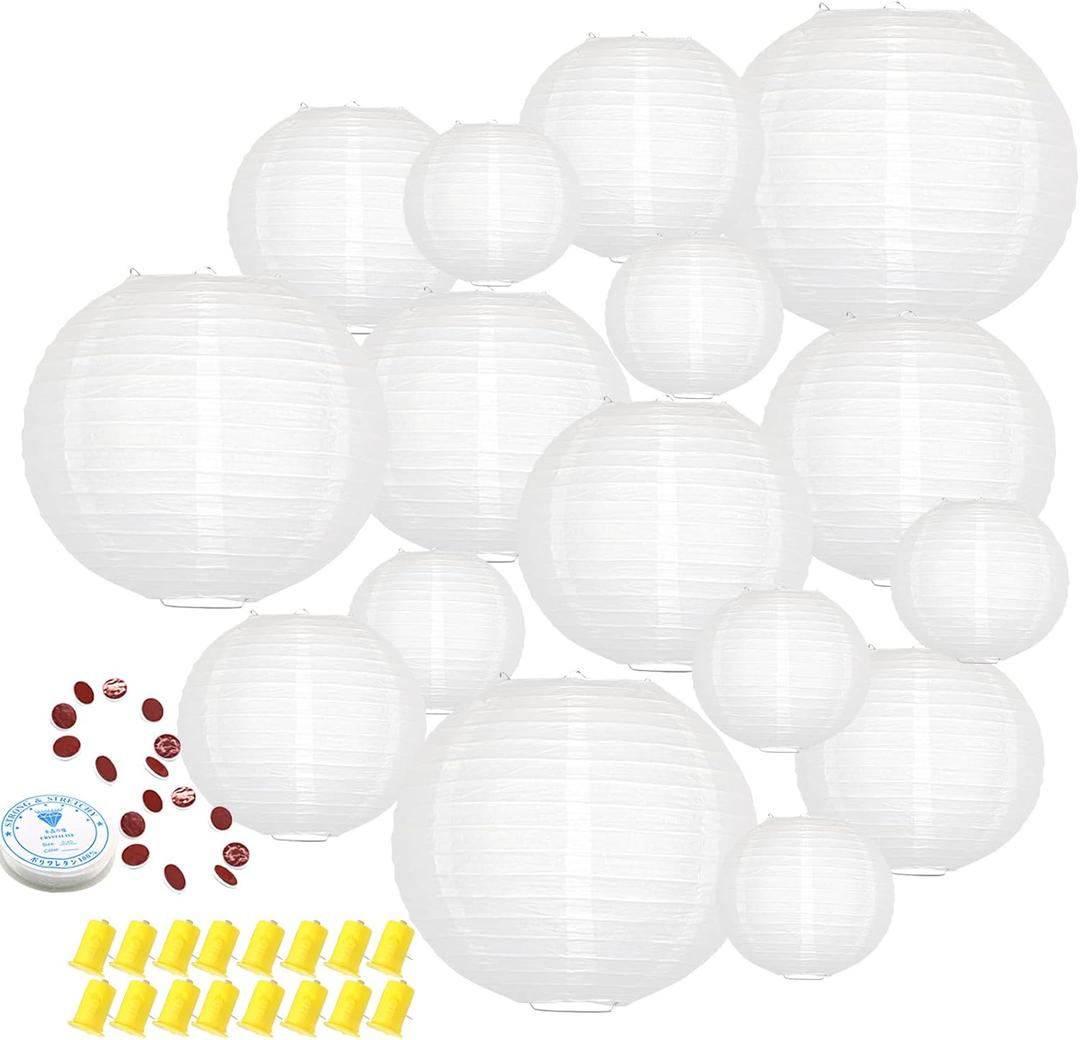 Hanging Paper Lanterns Decorative, White Chinese Paper Lanterns Ceiling Party Decorations with 16 LED Lights for Baby Shower Wedding Anniversarie Graduation Engagement Valentine's Day, Pack of 16