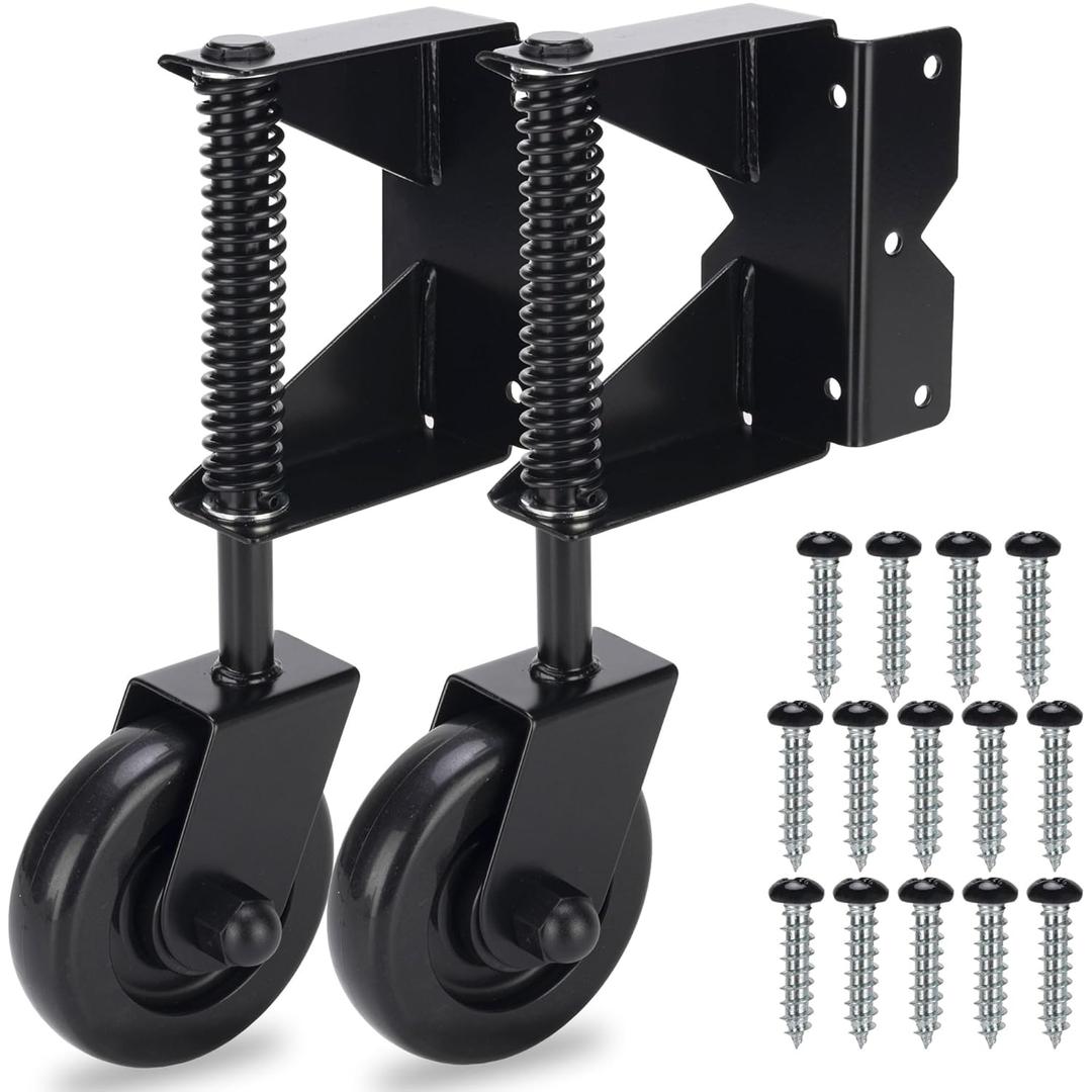 Gate Wheel, Spring Loaded Gate Caster, Heavy Duty Wooden Fence Gate Caster Wheel, 360 Degree Swivel Outdoor Swing or Rolling Gate Support Wheel Kit, 4-1/2 Inch, 220 Lbs Capacity, Black (Left & Right)