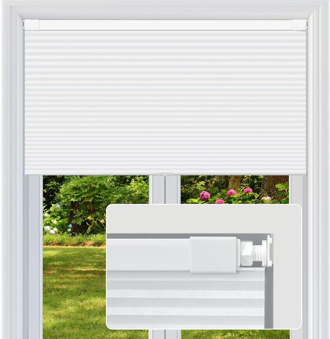 Cordless Cellular Shades, No Drill No Tools Light Filtering Honeycomb Shades, Pleated Blinds for Windows, Easy to Install, White 33" W x 64" H White