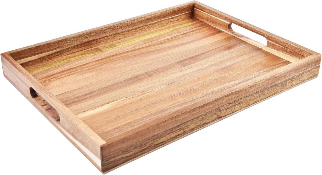 Acacia Wood Serving Tray with Handles (17 Inches)  Decorative Serving Trays Platter for Breakfast in Bed, Lunch, Dinner, Appetizers, Patio, Ottoman, Coffee Table, BBQ, Party Great for Lap &Couch