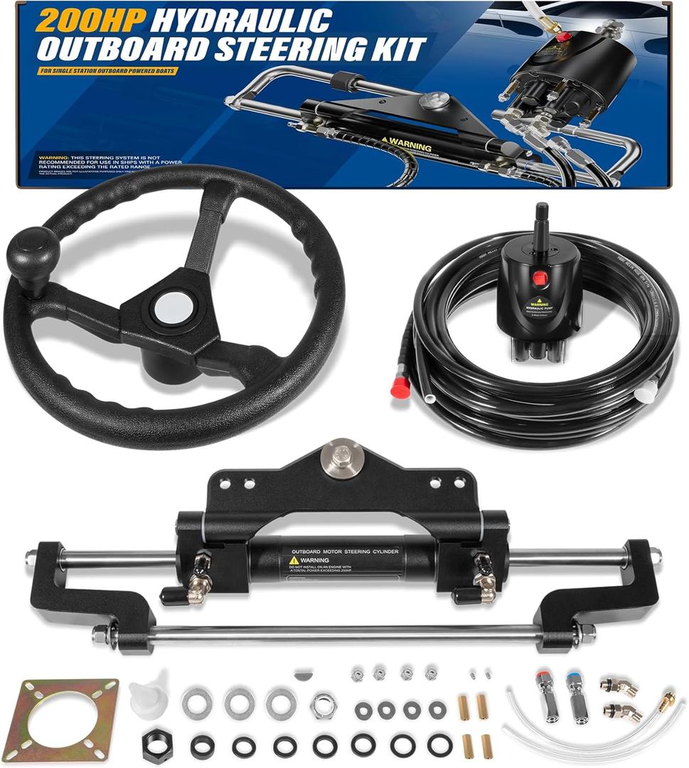 Camoo 200HP Boat Hydraulic Outboard Steering Kit with Steering Wheel, Helm Pump, Hydraulic Cylinder, 26ft High-Strength PU Hoses, Compatible with Most Single Outboard-Powered Boats