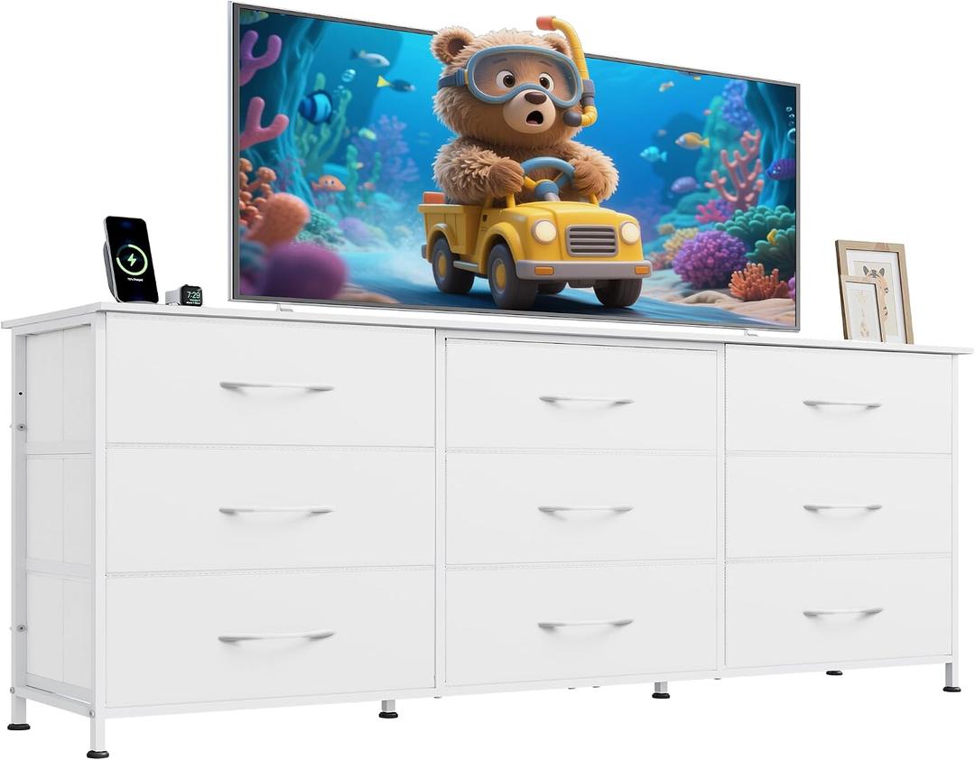 WLIVE 63''W Dresser for Bedroom, White Dresser TV Stand for 65, 70, 75 inch TV, Wide Chest of Drawers with 9 Drawer, Large Entertainment Center, Fabric Dressers with Wood Top for Closet, Living Room, Enlarged Size