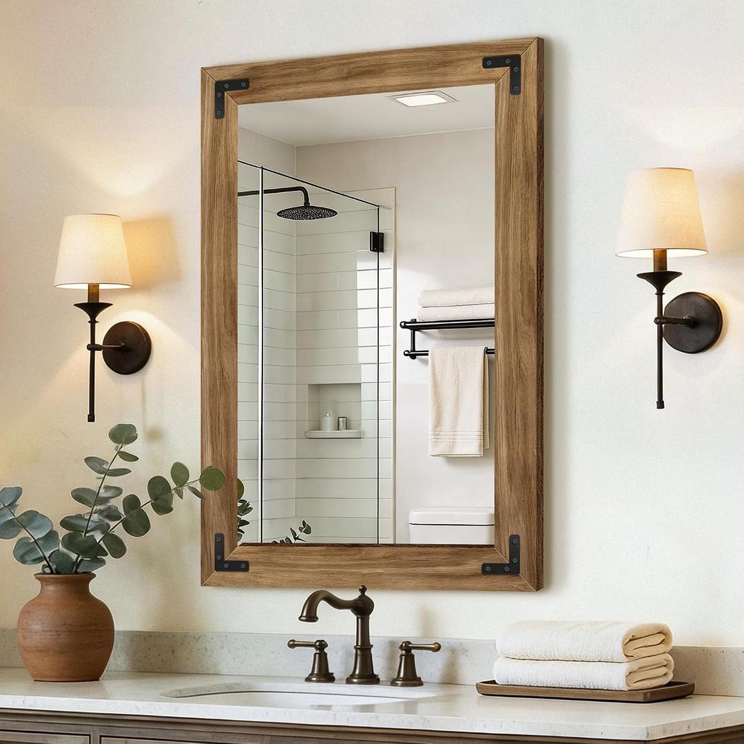 Wood Bathroom Mirror, 24"x36" Farmhouse Mirror for Wall
Rectangular Wood Frame, Shatterproof, Rustic Vanity Mirrors for Entryway, Living Room, Bedroom Decor, Horizontal or Vertical