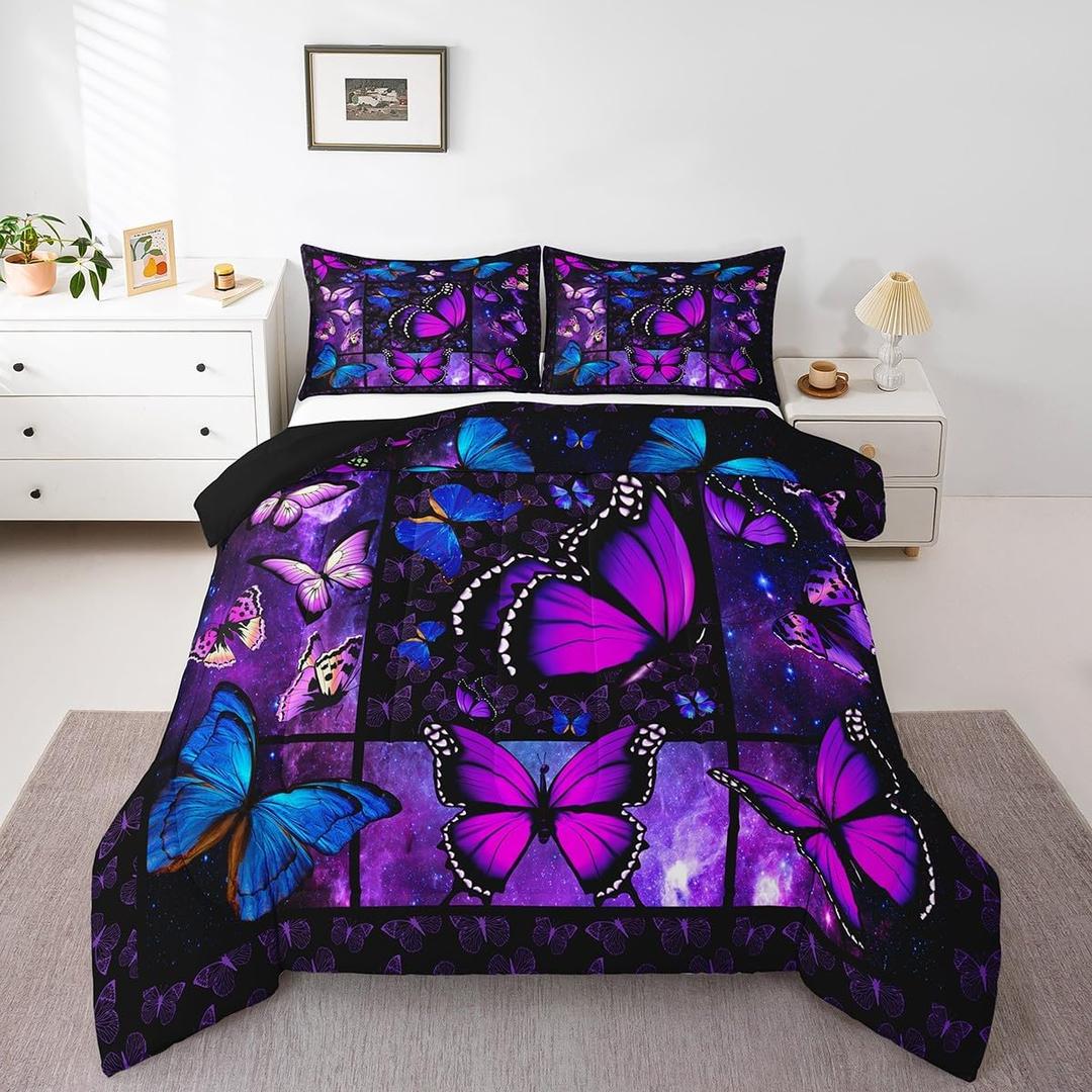 Butterfly Comforter Starry Sky Galaxy Comforter Blue Purple Butterfly Bedding  for Kids Girls Teens Women Bed 88x100 Inch
