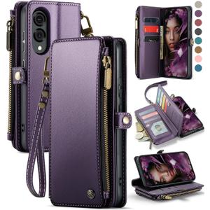Defencase for Galaxy S25 Edge Case Wallet with RFID Blocking Card Holder for Women Men, Elegant PU Leather Magnetic Snap Flip Strap Zipper Phone Wallet Case for Samsung Galaxy S25 Edge 6.6", Purple