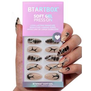BTArtbox Press On Nails Almond - 3D Design Black Medium Press On Nails with Glue for Women, Opaque Soft Gel Glue On Nails in 15 Sizes - 30 Stick On Nails Kit, Gothic Chains