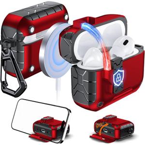Anqrp MagArmor Auto-Open for AirPods 4th Generation Case with Built-in Magnets, [One-Press Auto-Open] [Compatible with Mag-Safe Charging], Full-Body MIL-Grade Protective with Air-AL Carabiner Red