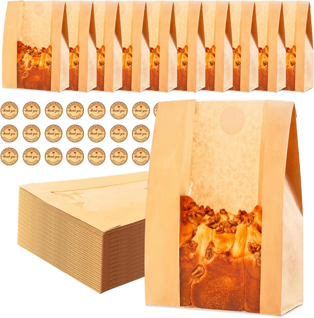 Homrelaxy 60pcs Paper Bread Bags for Homemade Bread, Sourdough Bags with Window, 13.7 x 8.3 x 3.5 Inch Large Brown Kraft Bakery Bag for Storing Loaves & Snacks, Includes 70 Sealing Stickers