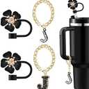 Pack Of 2 Straw Covers for Stanley Cup Accessories: Black Decorations for Stanley 30 oz & 40 oz Tumbler with Handle, Bling Letter Charms and Flower Silicone Straw Cap Topper, Trendy Stuff for Teen Girls & Women