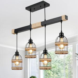 Black Farmhouse Chandeliers for Dining Room Light Fixtures/Chandelier Over Table, 4-Light Rattan Kitchen Island Lighting Fixture, DIY Hanging Lighting for Dining Room, Kitchen Island, Bar
